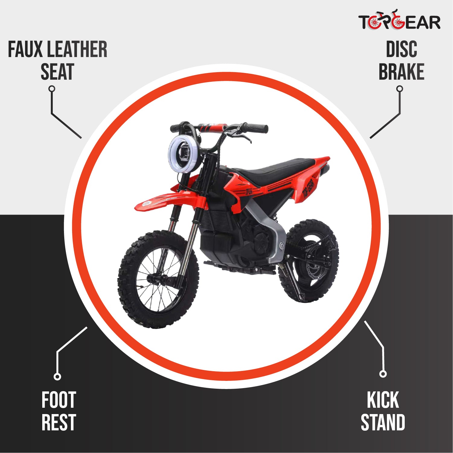 Top Gear TG 580 | 36V Electric Dirt Bike for Kids – 500W Motor, Air Wheels, Disc Brake, Bluetooth & Key Start - Red - Marah Kids