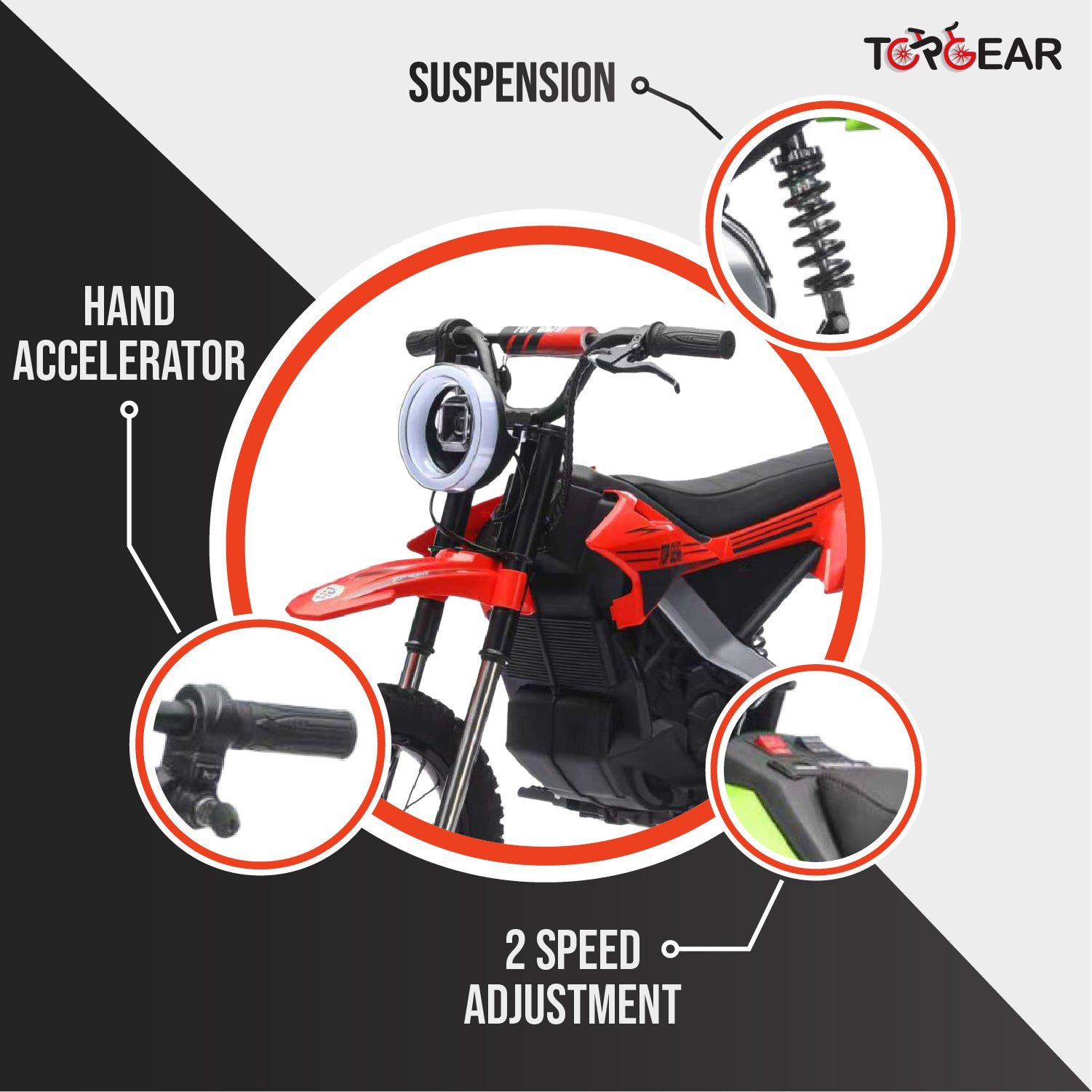 Top Gear TG 580 | 36V Electric Dirt Bike for Kids – 500W Motor, Air Wheels, Disc Brake, Bluetooth & Key Start - Red - Marah Kids