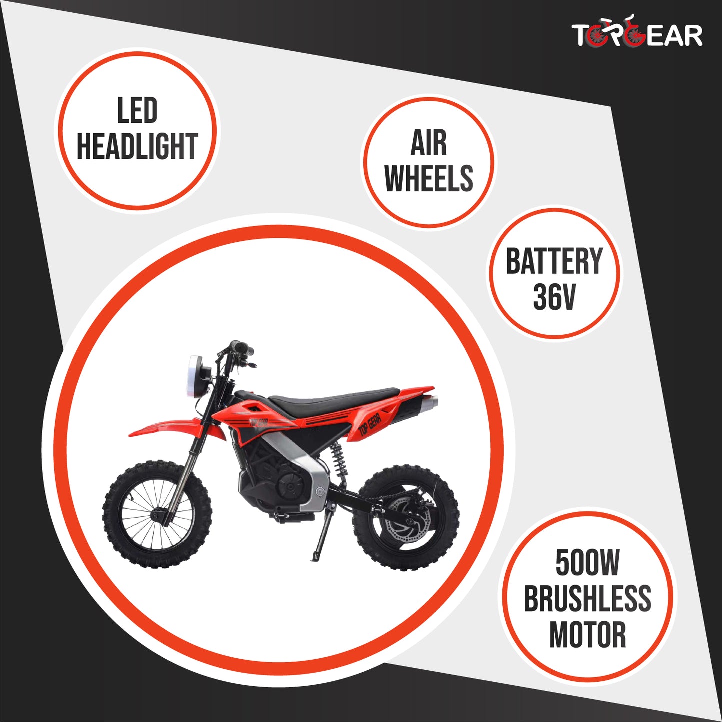 Top Gear TG 580 | 36V Electric Dirt Bike for Kids – 500W Motor, Air Wheels, Disc Brake, Bluetooth & Key Start - Red - Marah Kids