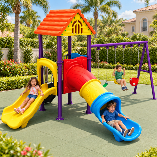 Toyemporium Tunnel Slide Playground with Triple Swings