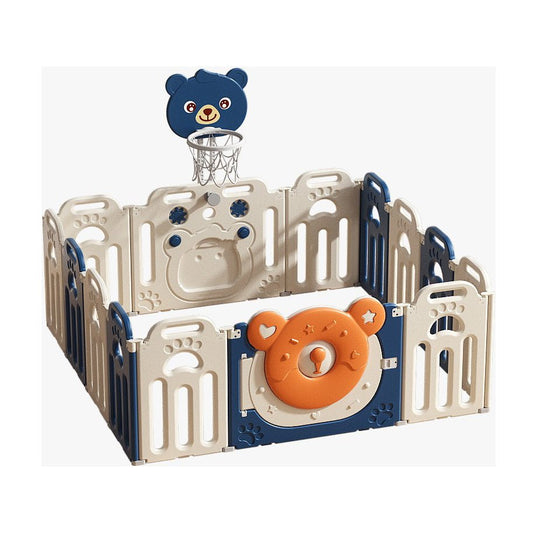 Kids Bear Playpen Blue - w/ Basketball Hoop - 14 pcs - Marah Kids