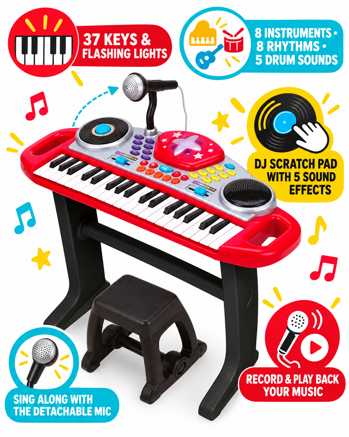 Winfun Beat Bop 37-Key Electronic Keyboard for Kids with Stand,  36 Months+