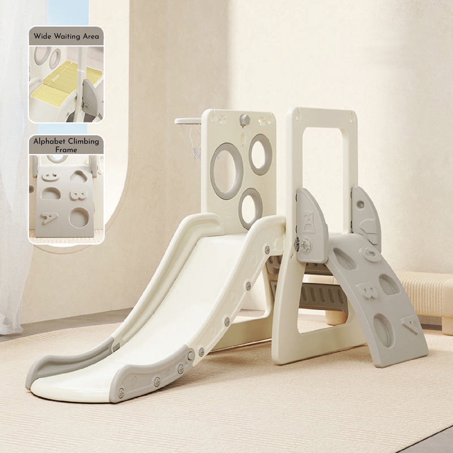 Slide w/ Climbing Wall & Basketball Hoop - White - Marah Kids
