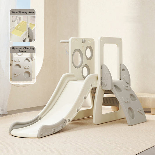 Slide w/ Climbing Wall & Basketball Hoop - White - Marah Kids
