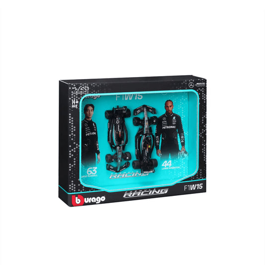 Bburago 1:43 Formula (without helmet & plastic stand - Mercedes-AMG Petronas F1 W15 Team (2024) 2-Pk. (Vertical)