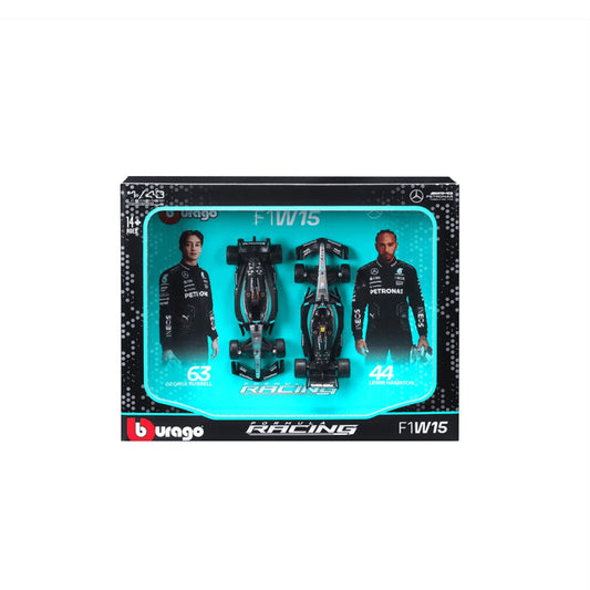 Bburago 1:43 Formula (without helmet & plastic stand - Mercedes-AMG Petronas F1 W15 Team (2024) 2-Pk. (Vertical)