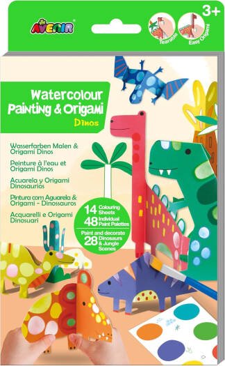 Avenir - Watercolour Painting & Origami - Dinos Multicolour | Encourage your child to be creative, great activity for rainy days, indoor play, travel and holidays | Ages 3+ - Marah Kids