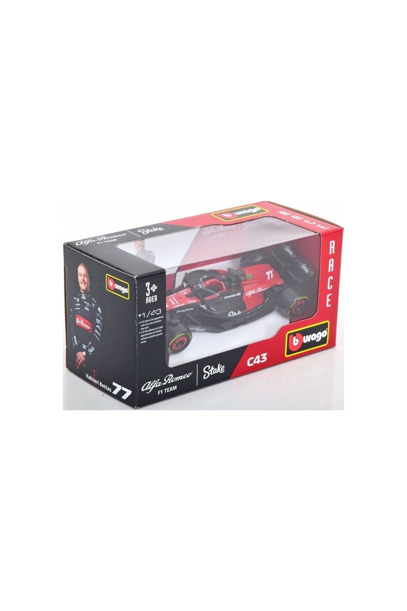 Bburago Alfa Romeo F1 C43 77 Valtteri Bottas Season 2023 Black Red 1:43 Scale Diecast Model - Marah Kids