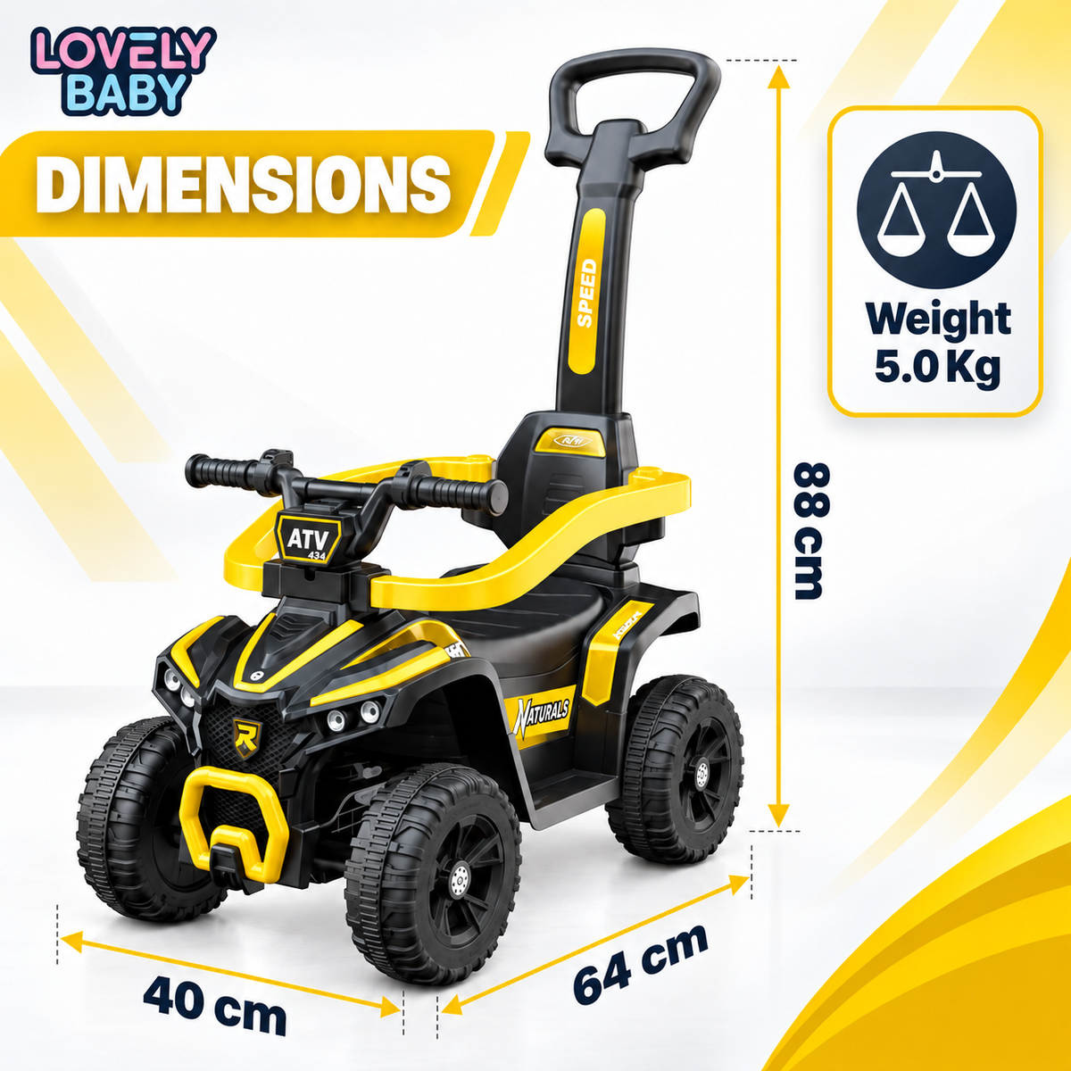 Lovely Baby Ride On Push Car for Kids With Removable Handle - Yellow