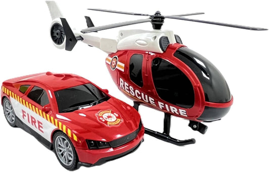 D - Power Helicopter & Sports Car 1:14 Scale Firemen Playset – Red | Elevate the excitement with this 1:14 scale Firemen Playset | Requires Batteries: 3x LR44 batteries included | Ideal gifts ages 3+ - Marah Kids
