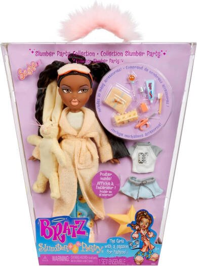 Bratz - Slumber Party Sasha Fashion Doll with 2 Sets of Pajamas, Plush, and Accessories - Multicolour | Mix ‘N’ Match Outfits | Each girl is bringing her favorite stuffed animal to the slumber party | Ages 6 + up - Marah Kids