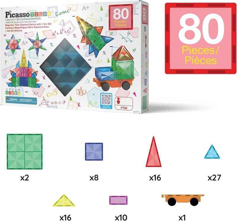 Picasso Magnetic Tiles Diamond Series with 1 Car 80 - pieces - Marah Kids