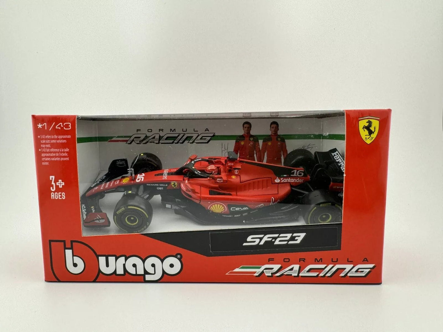 نموذج مصبوب لسيارة فيراري SF-23 رقم 16 من Bburago مقاس 1/43 مع خوذة لسيارة فورمولا 1 تشارلز ليكلير F1 (2023)