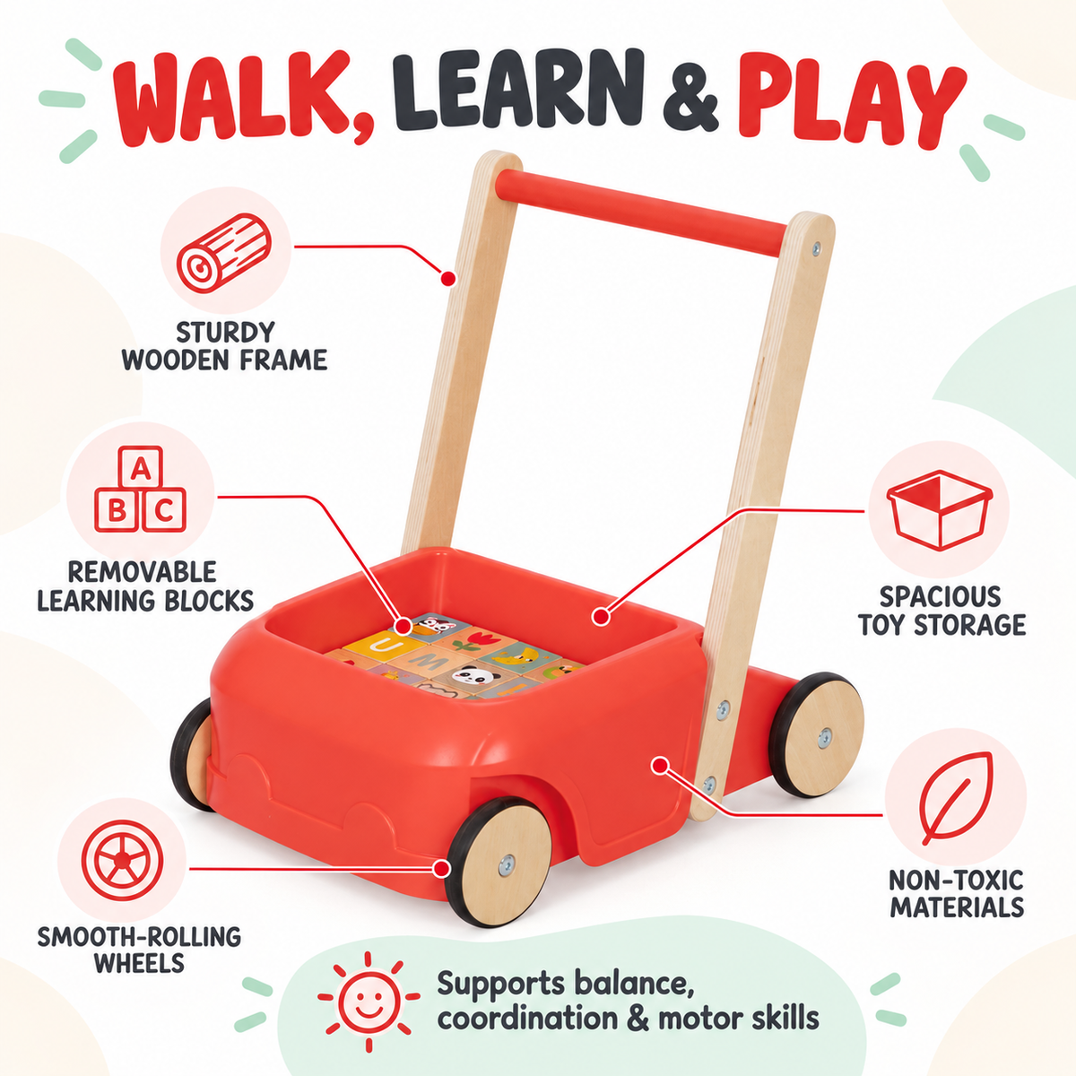 Tooky Toy Wooden Baby Walker with Educational Activity Blocks - Multifunction Learning Push Toy for Toddlers and Kids