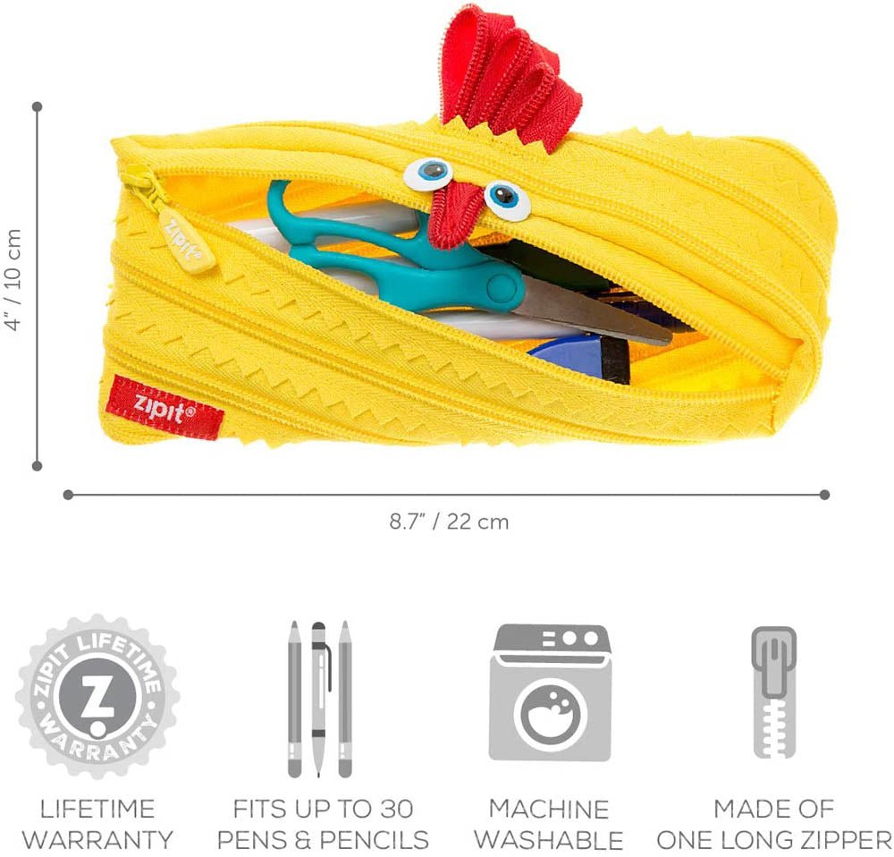 ZIPIT - Animals Pencil Case for Kids, Holds Up to 30 Pens, Machine Washable, Made of One Long Zipper! (Chicken) - Marah Kids